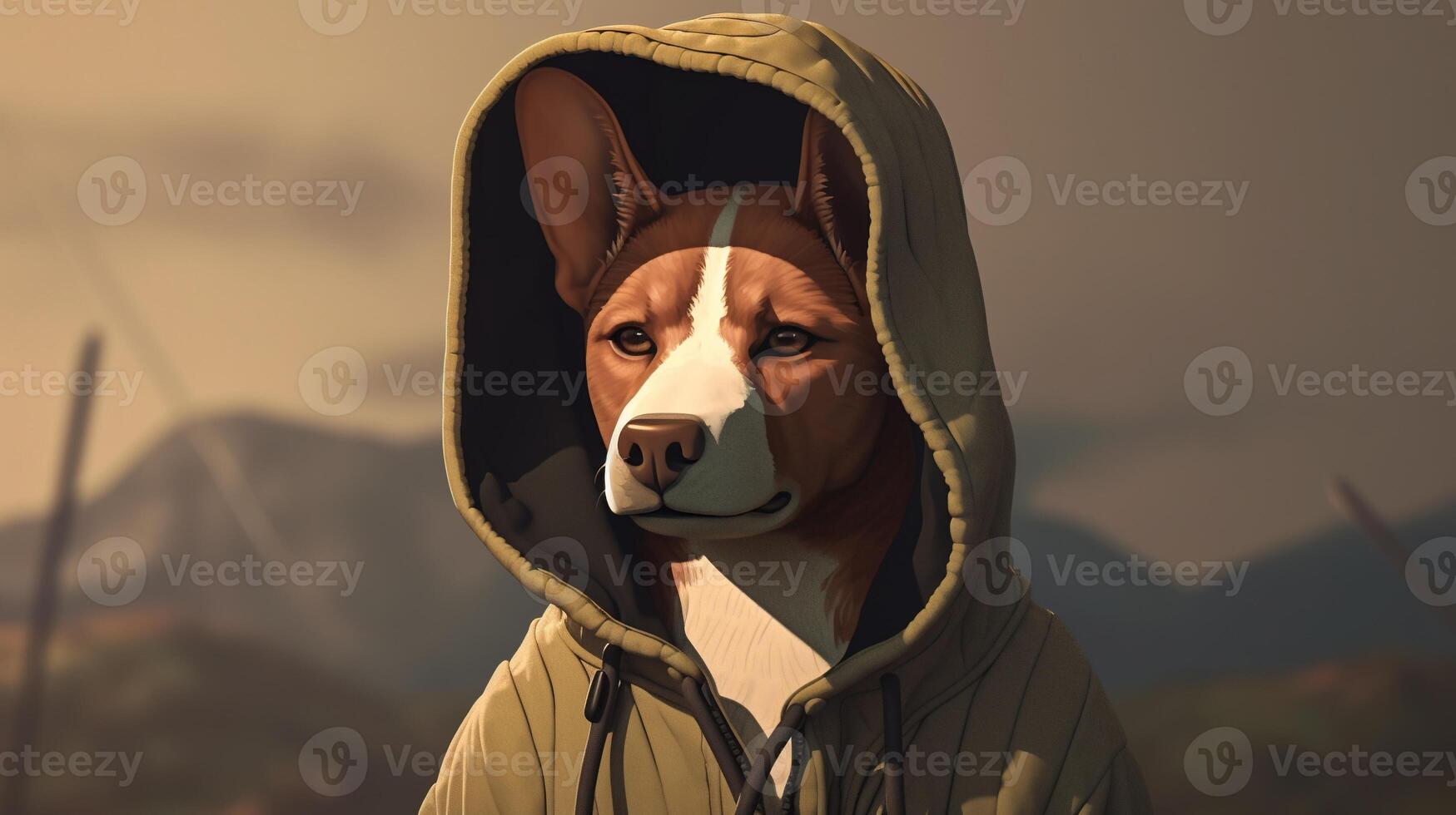 stylish basenji dog wearing hoodie, digital art illustration, photo