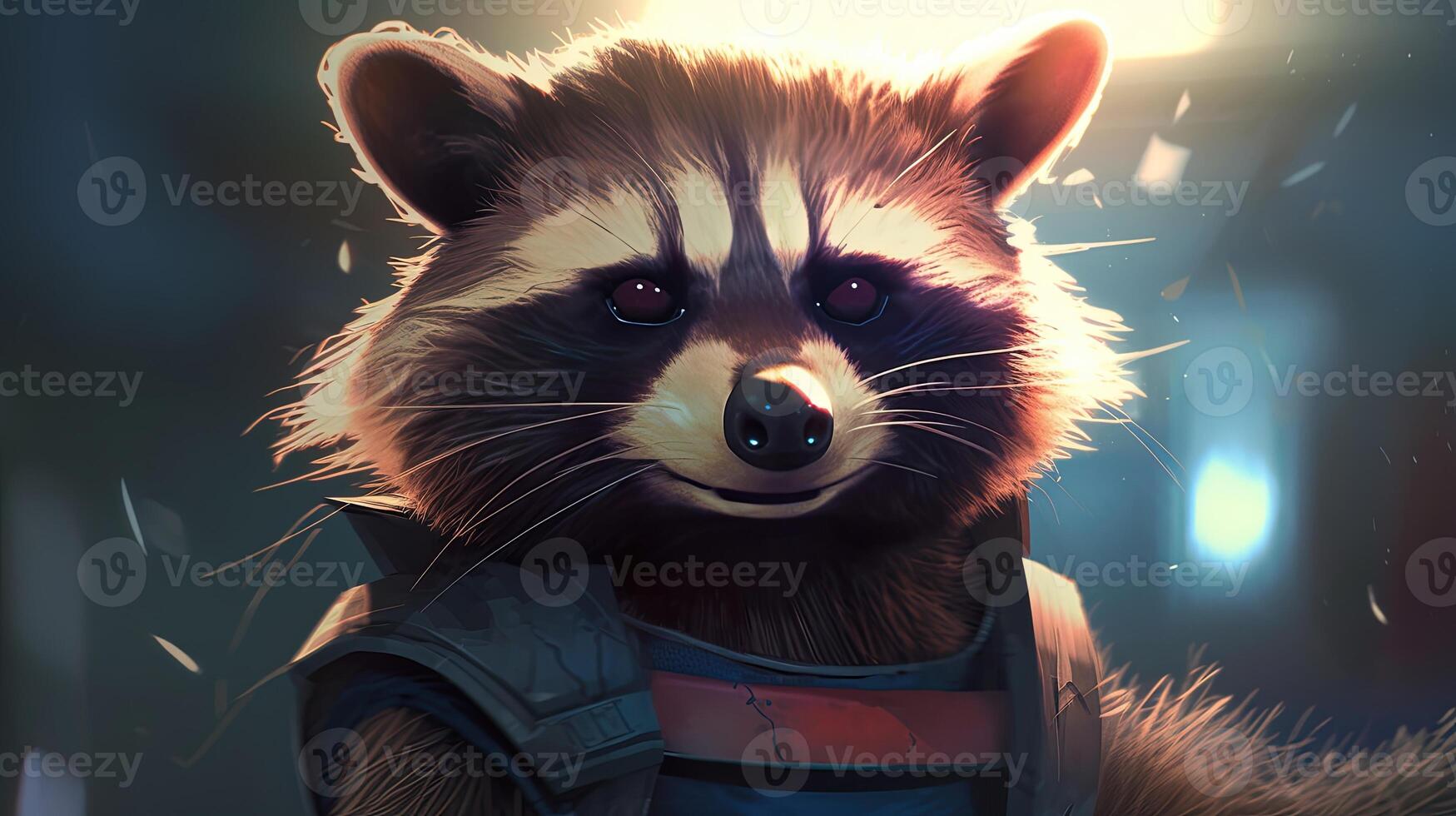 raccoon superhero, digital art illustration, photo