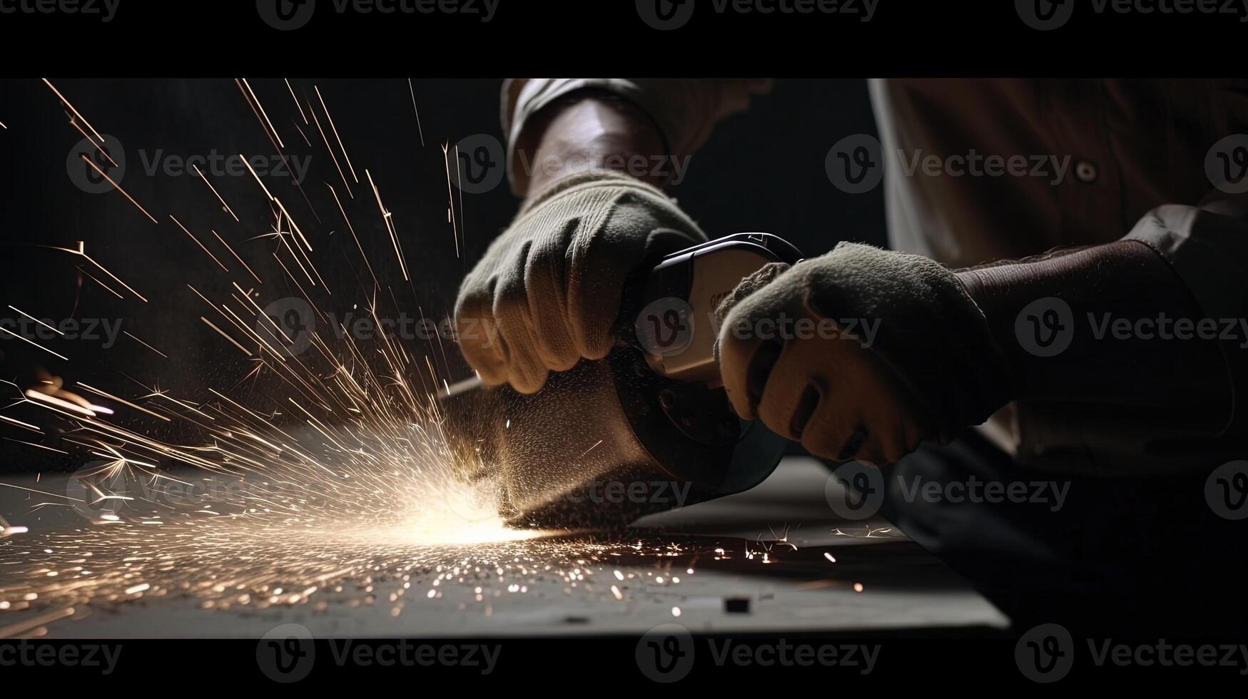 man sparks metal with angle grinder, digital art illustration, photo