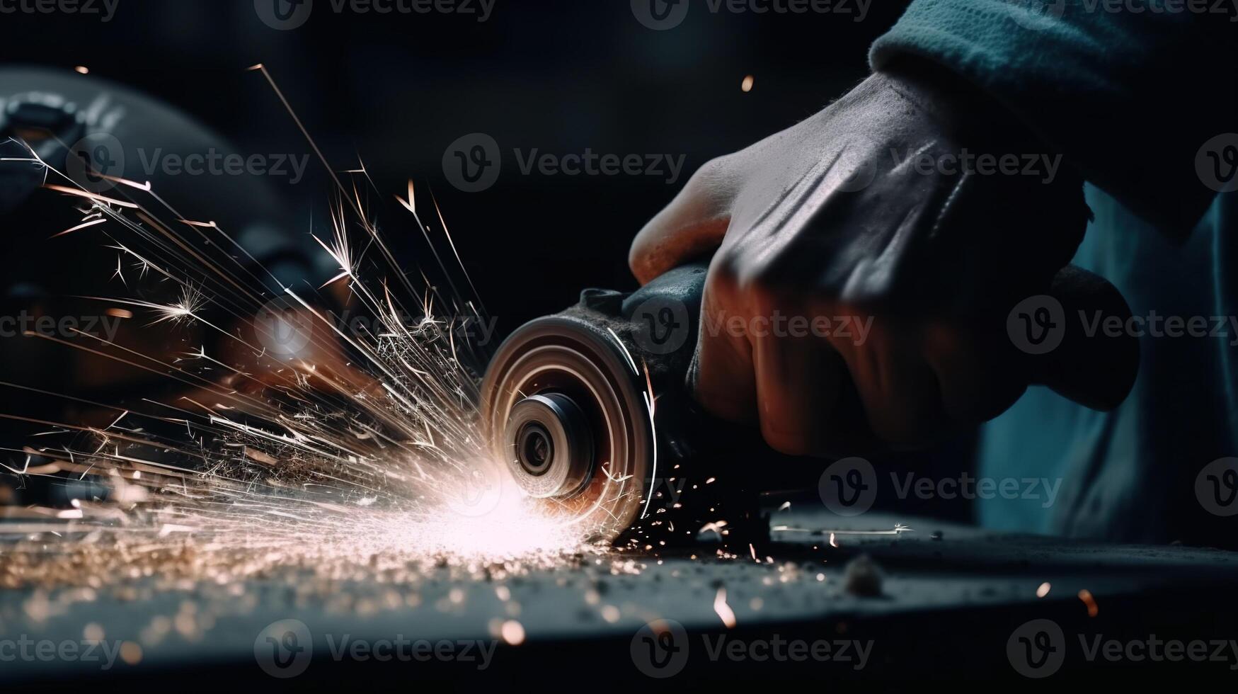 man sparks metal with angle grinder, digital art illustration, photo