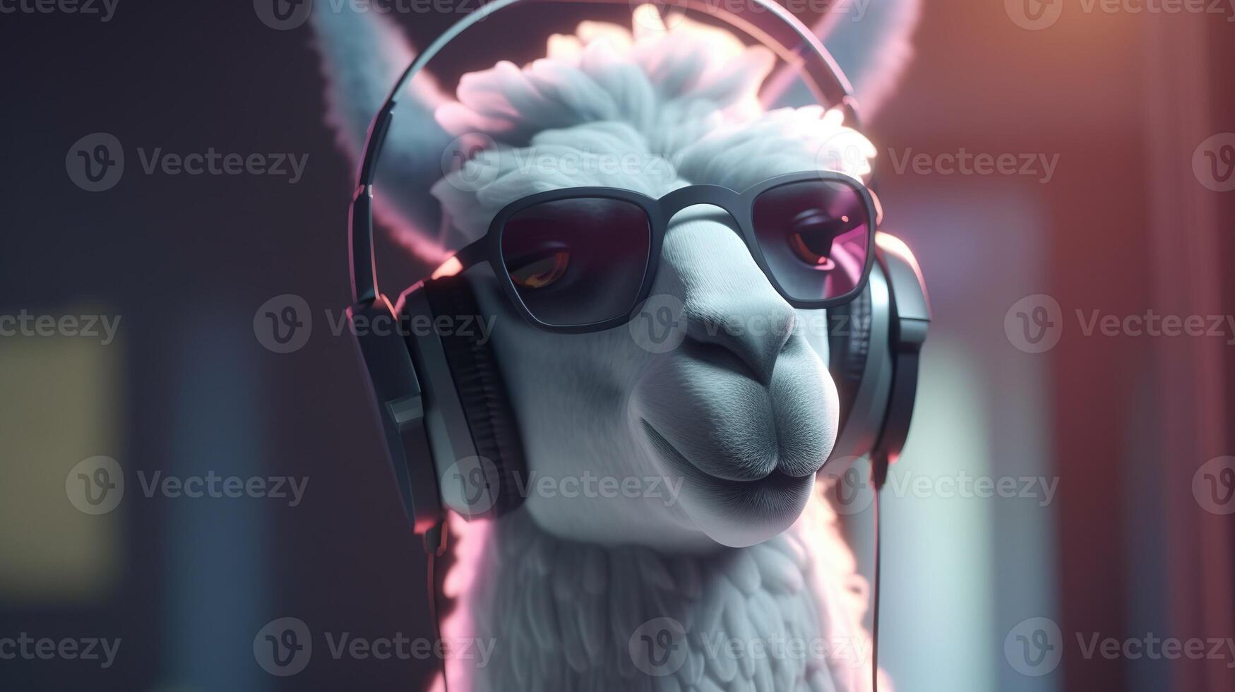 cool lama wearing eyeglasses and listening music, digital art illustration, photo