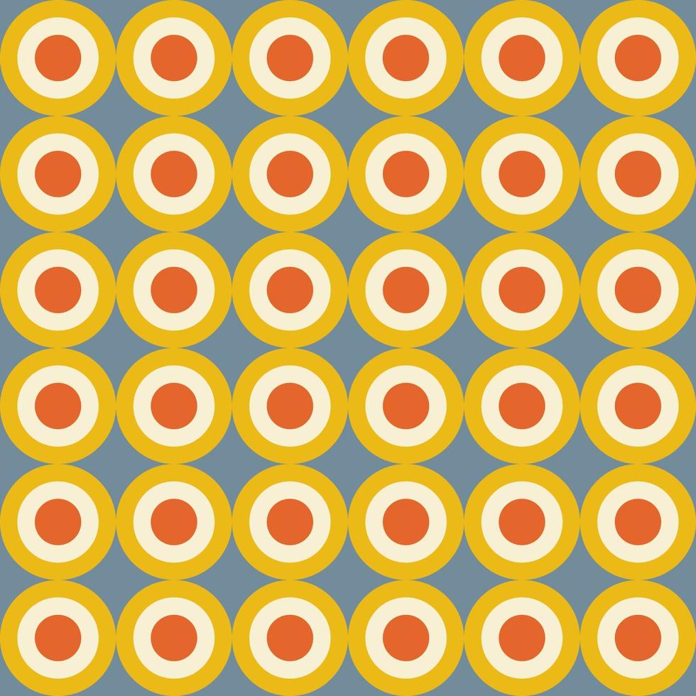 Retro aesthetic seamless pattern in style 60s, 70s. Colorful circles or rings on a blue background. Geometric vector print.