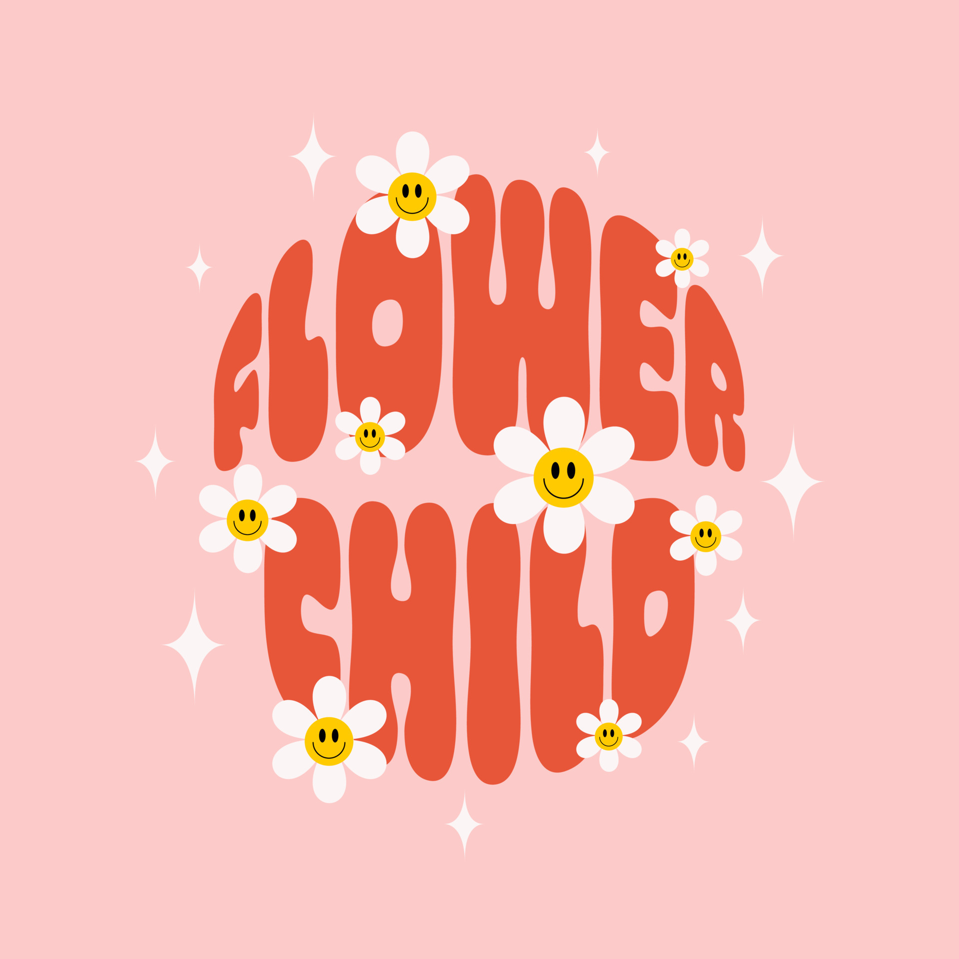 Retro Flower Child slogan with smiling daisy flowers on a pink