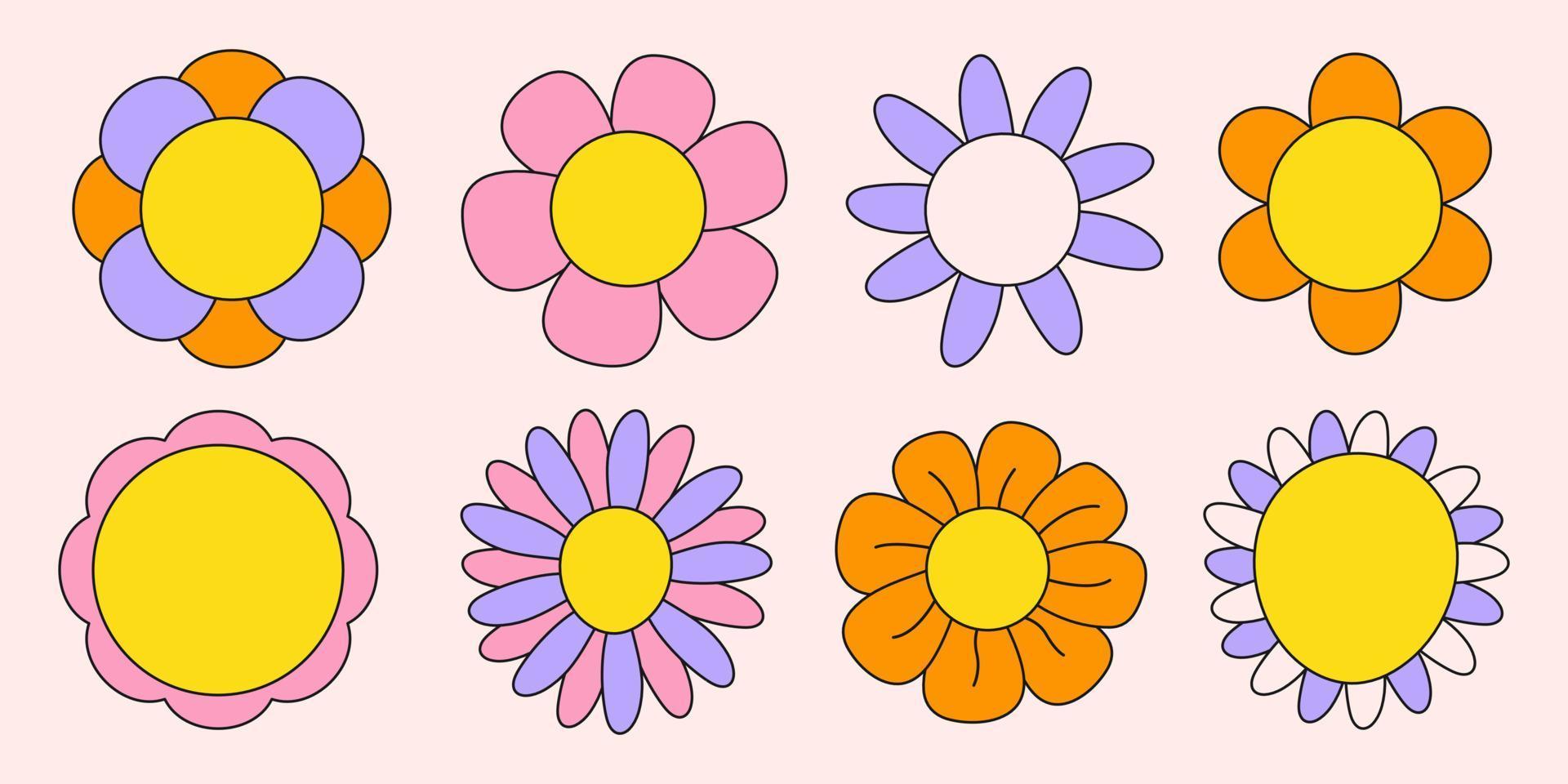 Groovy retro set cartoon flowers. Trendy sticker plants pack in psychedelic style 60s, 70s. Vector illustration