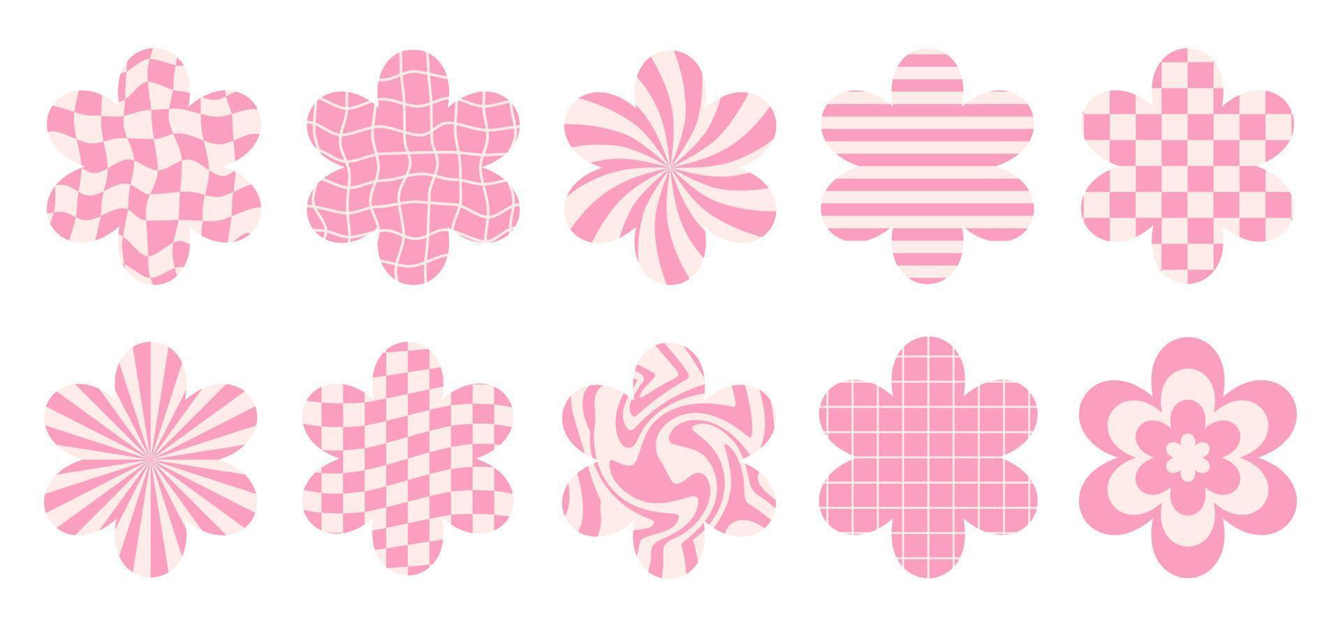 Vector set flowers icons with different backgrounds isolated on a white background. Retro illustration in groovy style 60s, 70s.