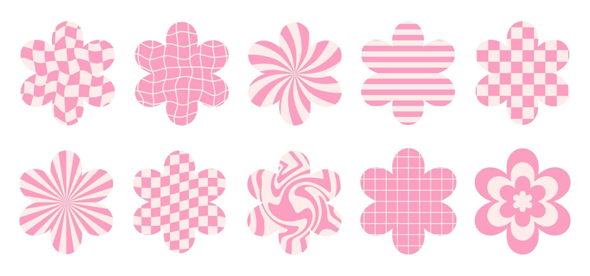 Vector set flowers icons with different backgrounds isolated on a white background. Retro illustration in groovy style 60s, 70s.