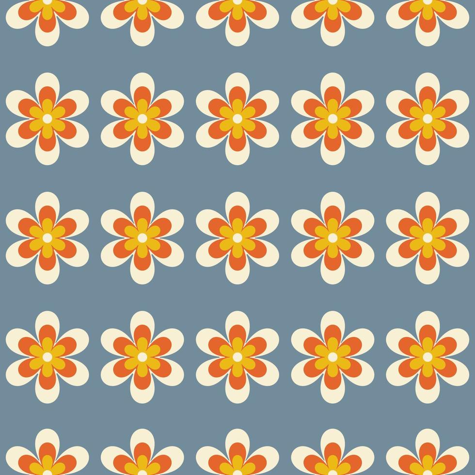 Abstract retro seamless pattern with geometric daisy flowers on a blue background. Colorful groovy vector illustration in style 60s, 70s