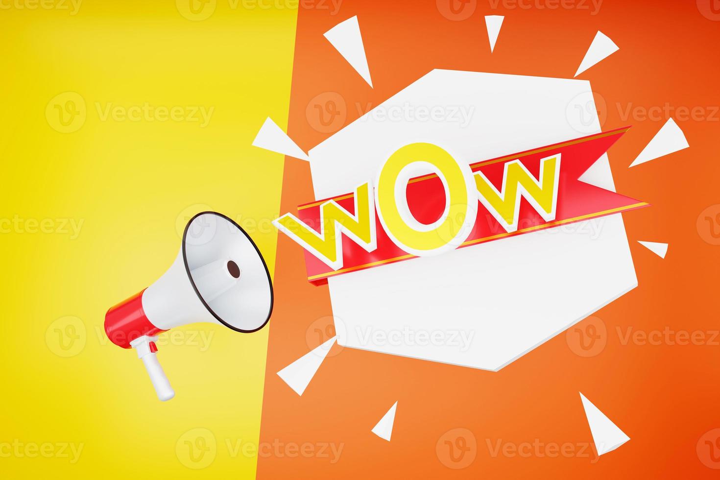 WOW Bullhorn speech bubble promotional label or poster sign Presentation sticker with a red and white megaphone, yellow background photo