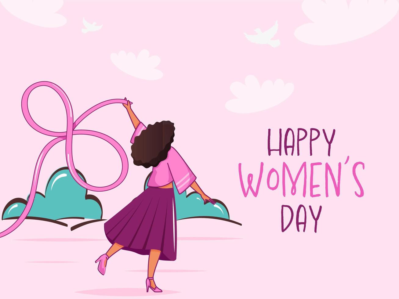 Happy Women's Day Concept With Young Girl Forming 8 Number From Ribbon On Pink Background. vector