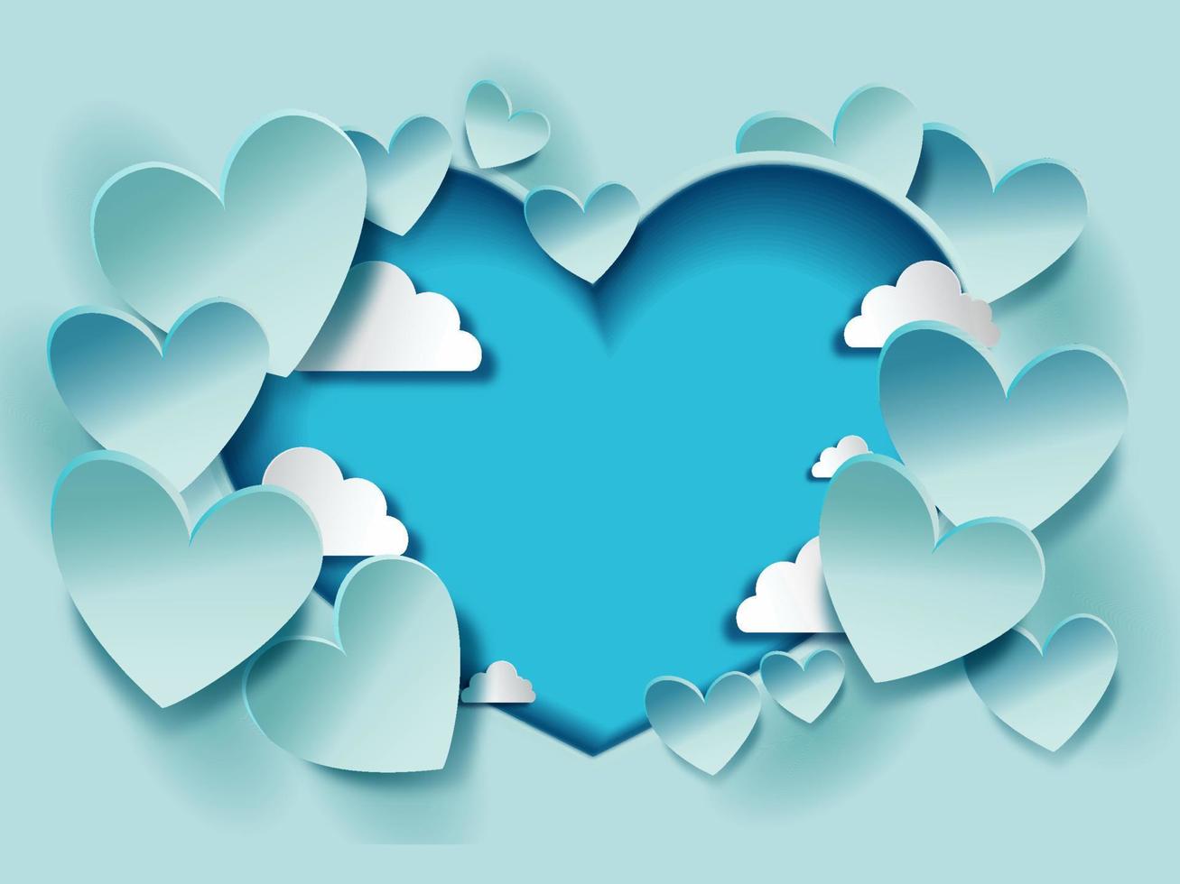 Pastel Blue Paper Heart Shapes With Clouds Decorated Background And Space For Text Or Image. vector