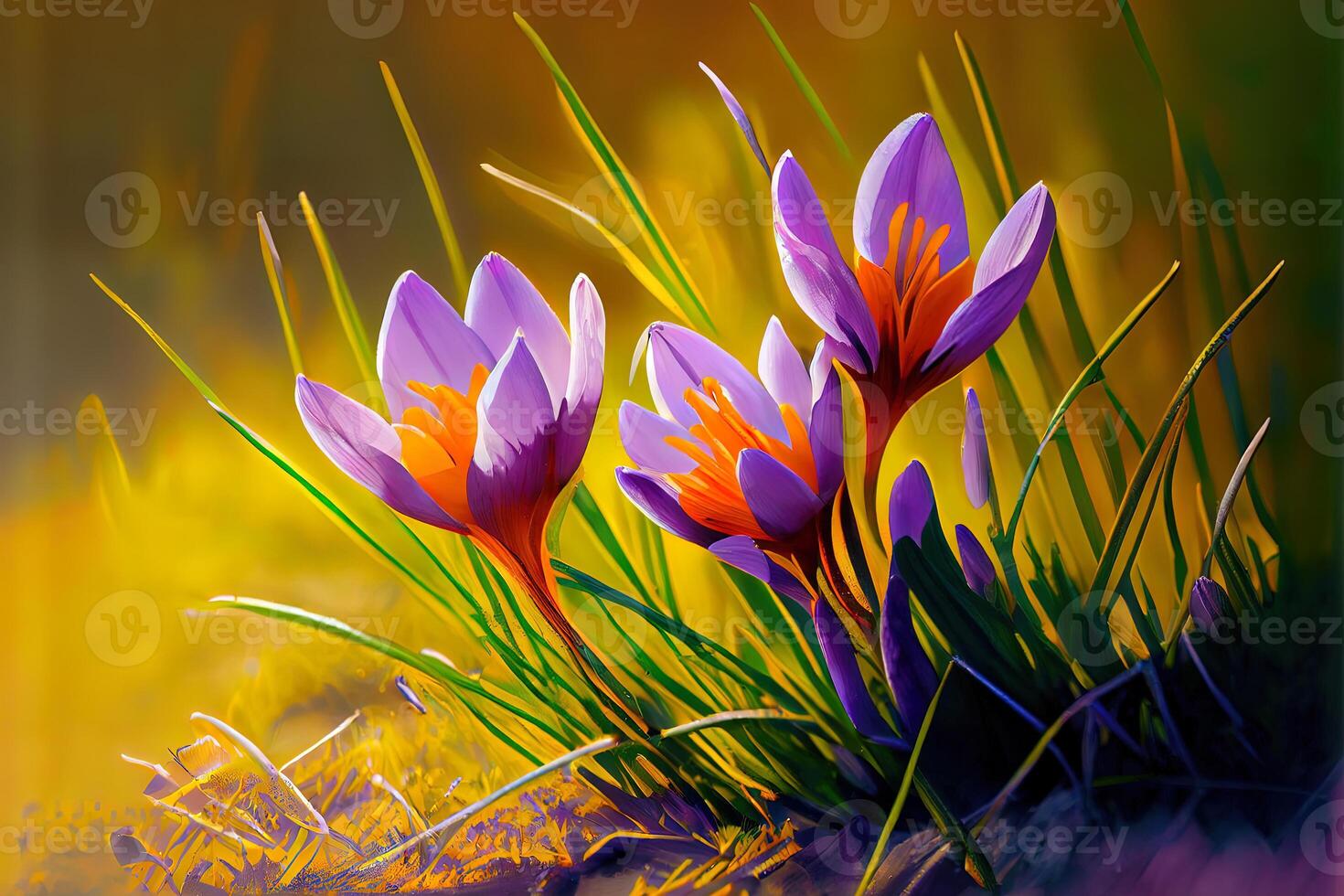 Spring Flowers - Crocus Blossoms On Grass With Sunlight. photo