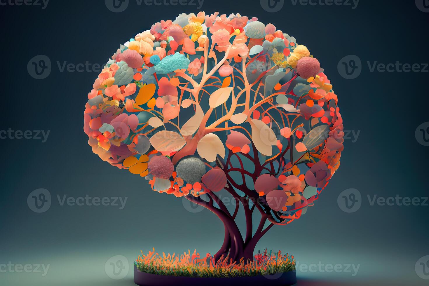 Human brain tree with flowers, self care and mental health concept, positive thinking. photo