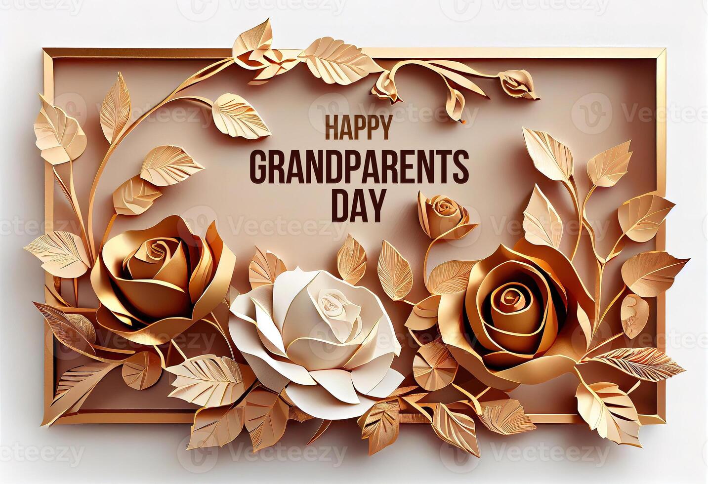 Happy Grandparents Day gold frame with paper craft roses. photo