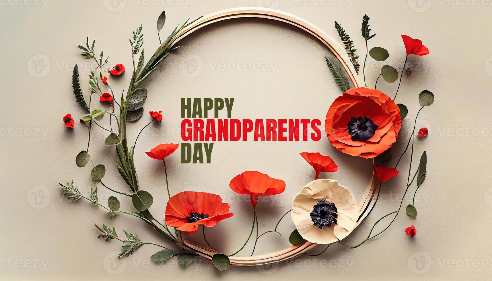 Happy Grandparents Day Round frame wreath with red poppies bloom and branche. photo