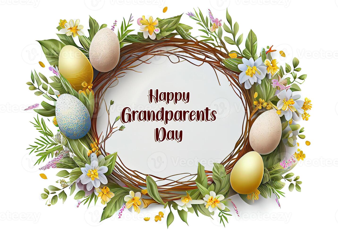 Happy Grandparents Day round frame shape Stylish wreath of decorated easter eggs. photo