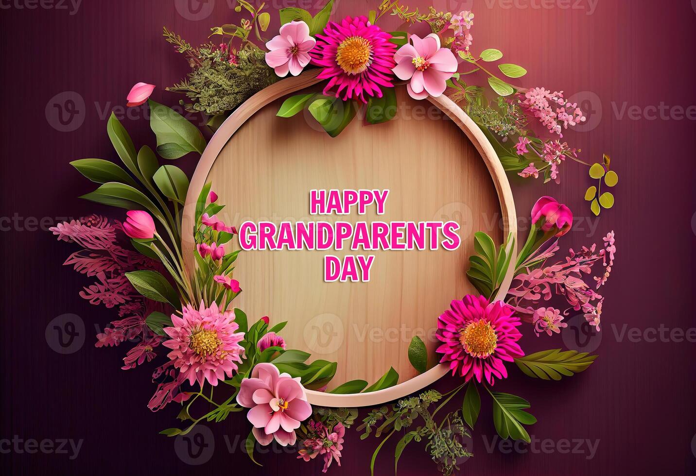 Happy Grandparents Day round frame shape Fresh pink flowers frame. photo