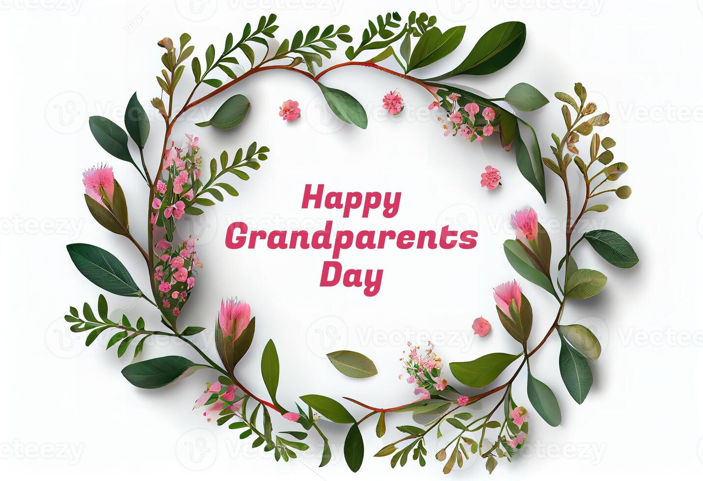 Happy Grandparents Day round frame shape with pink flower buds branches and leaves. photo