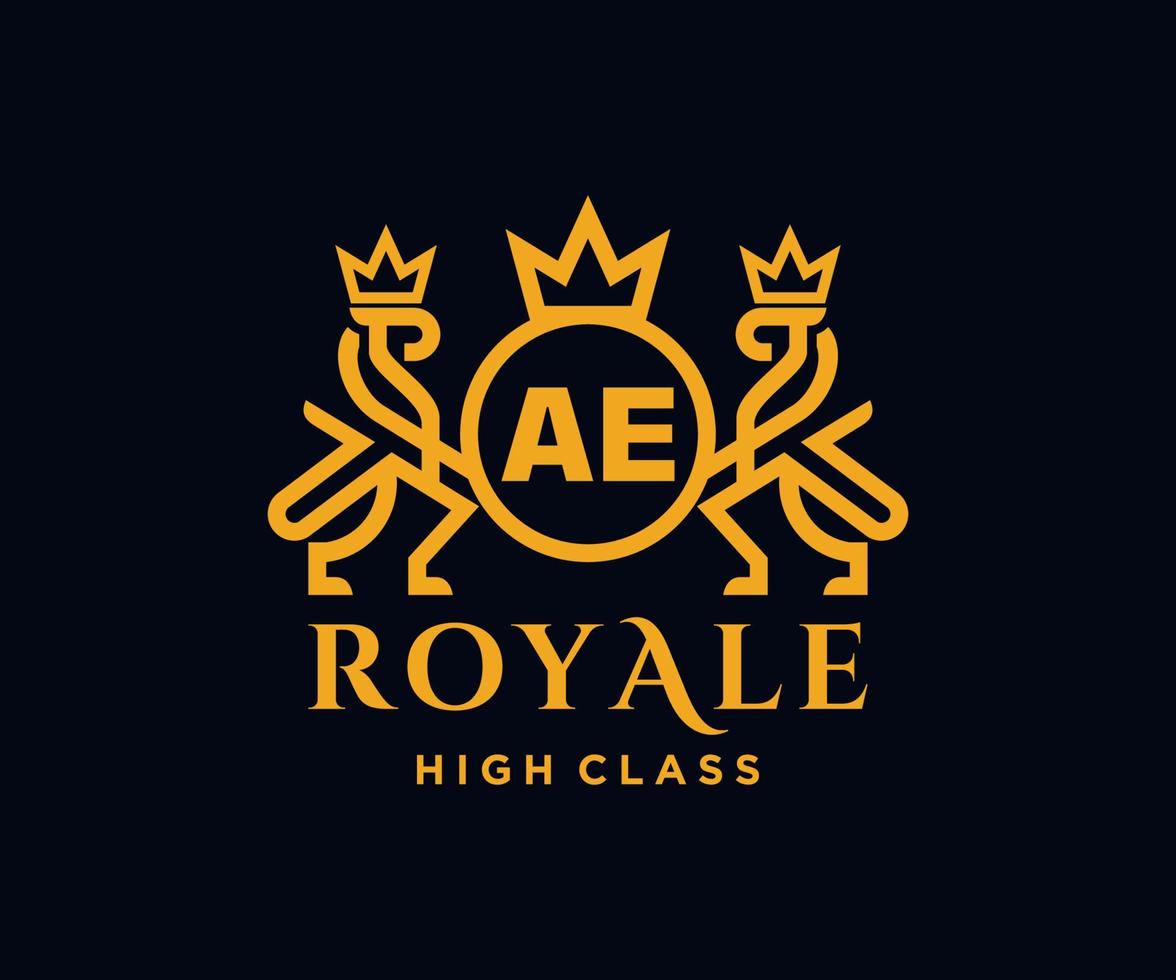 Golden Letter AE template logo Luxury gold letter with crown. Monogram alphabet . Beautiful royal initials letter. vector