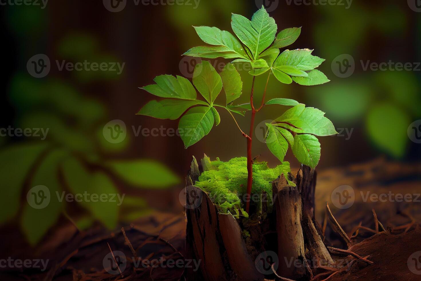 Young rowan tree seedling grow from old stump in Poland forest. photo