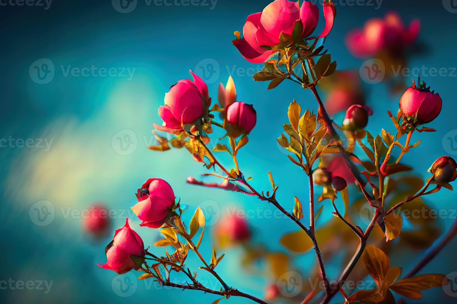 Attractive Beautiful spring border, blooming rose bush on a blue background. photo