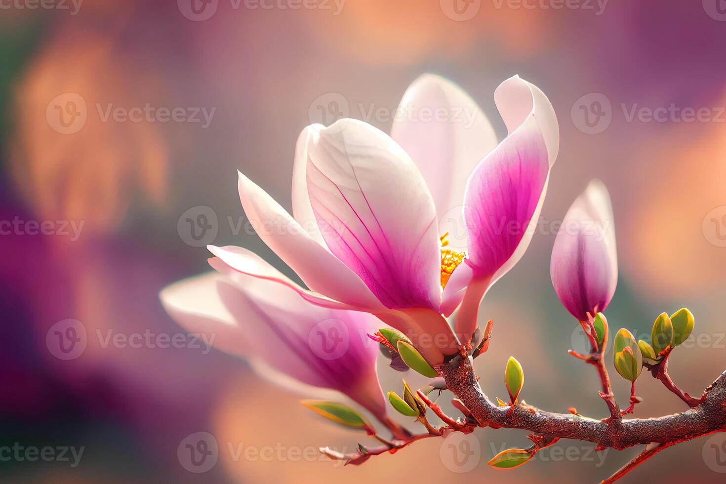 Closeup of blooming magnolia tree in spring on pastel bokeh background. photo
