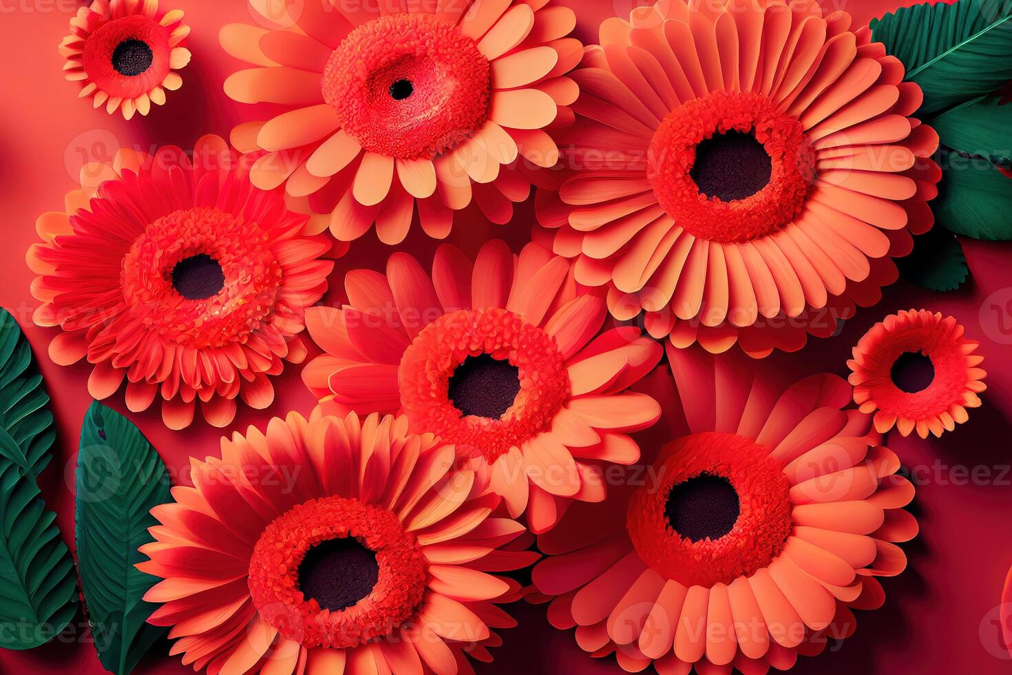 Floral flat lay greeting card template with beautiful gerberas. photo