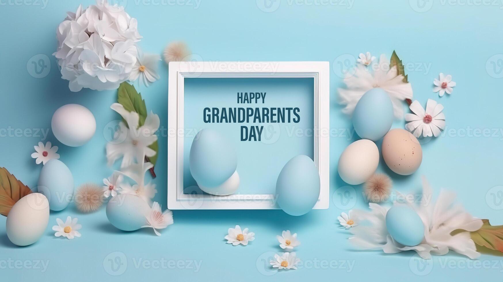 Happy Grandparents Day easter invitation with eggs and daisies on a blue background. photo