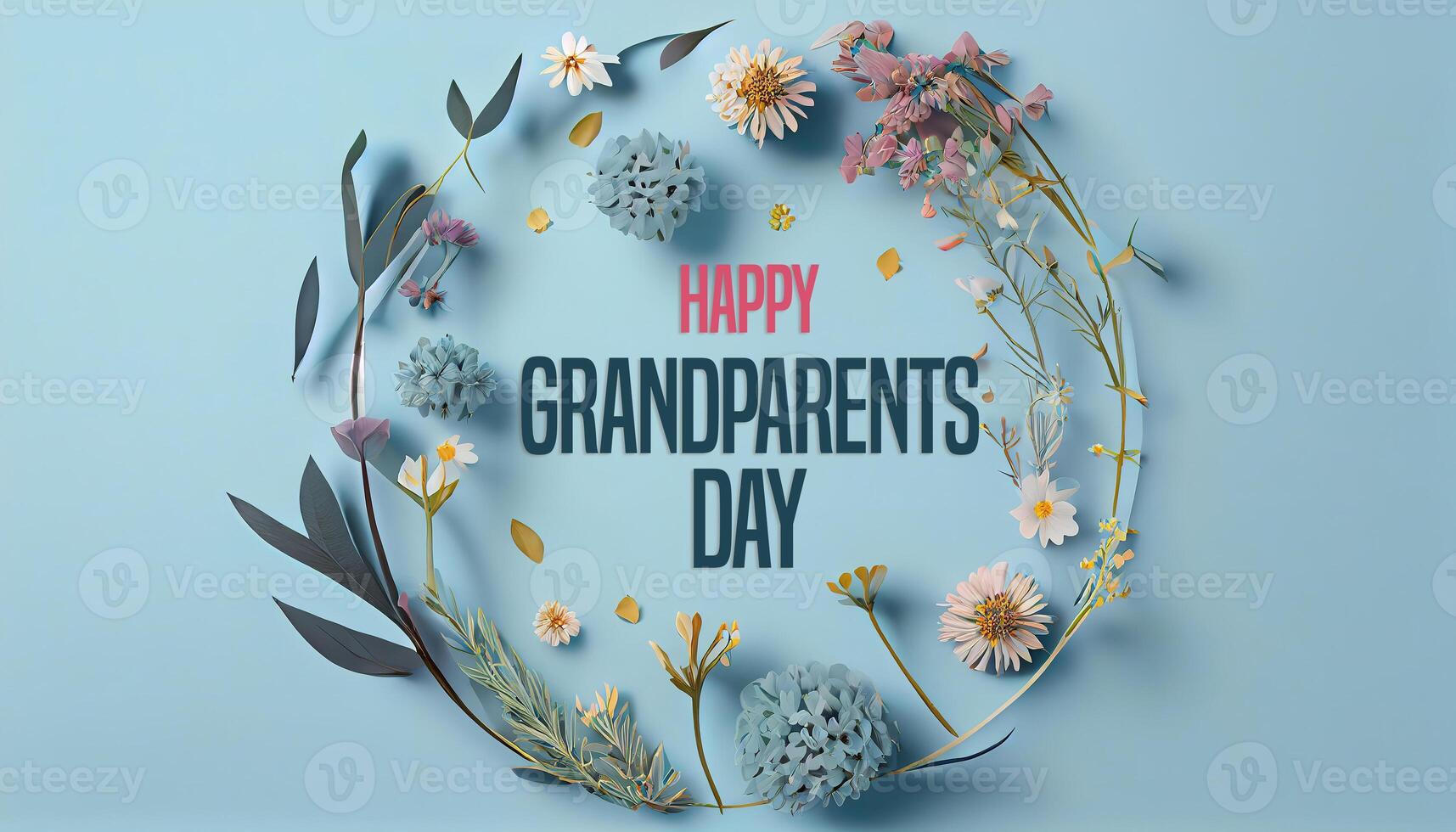 Happy Grandparents Day frame of chamomiles, branches, leaves and lilac petals. photo