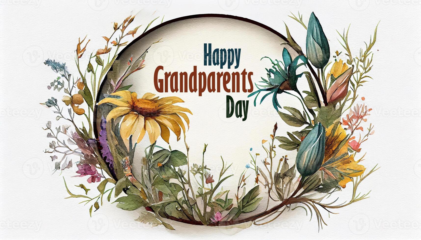 Happy Grandparents Day round frame with watercolor wildflowers. photo