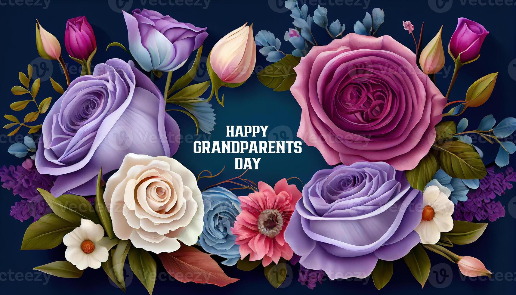 Happy Grandparents Day Frame of purple and pink roses, white lisianthus and different flowers. photo