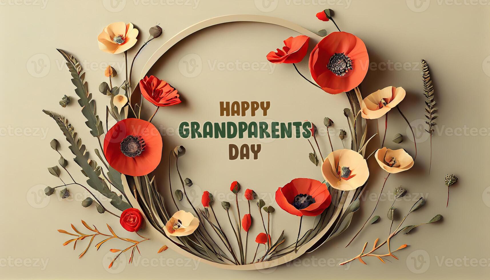Happy Grandparents Day Round frame wreath with red poppies bloom and branche. photo