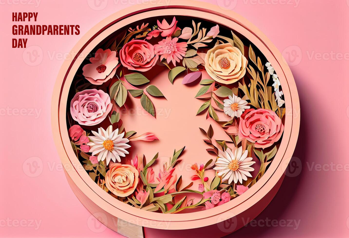 Happy Grandparents Day round frame shape Wooden box inside a round floral frame. photo