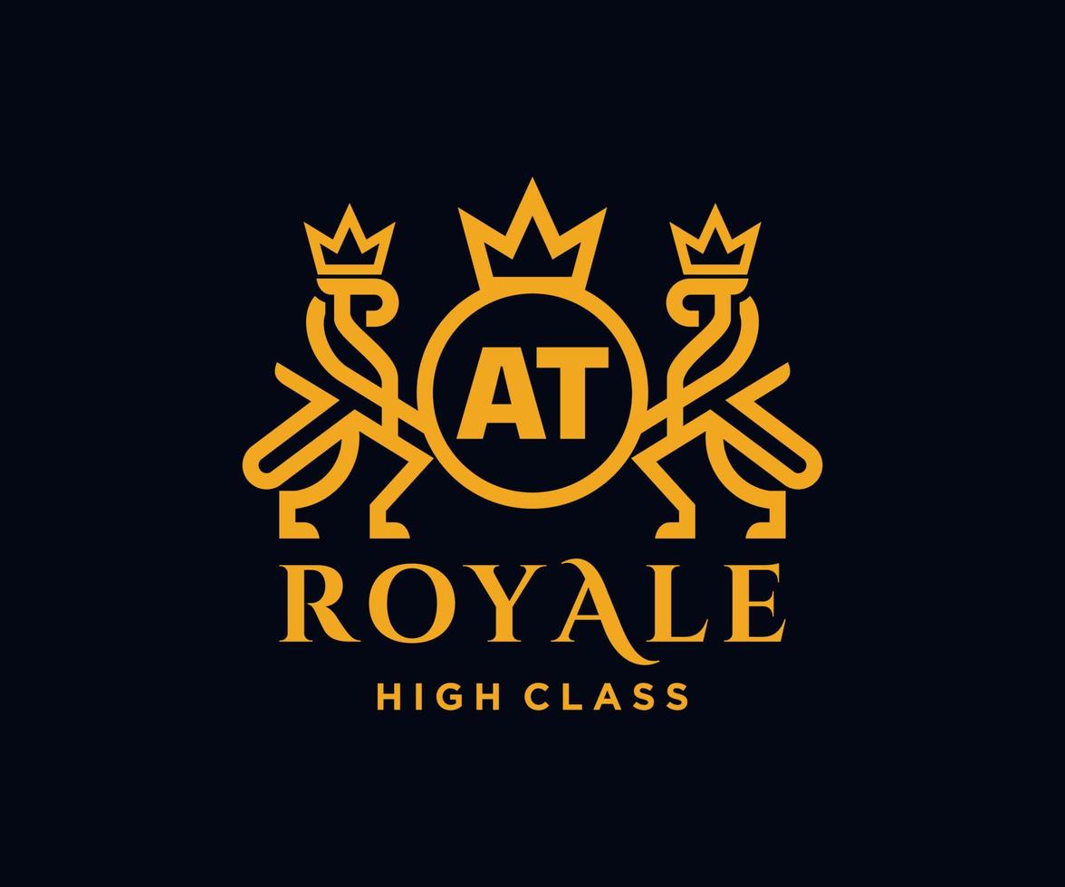 Golden Letter AT template logo Luxury gold letter with crown. Monogram alphabet . Beautiful royal initials letter. vector