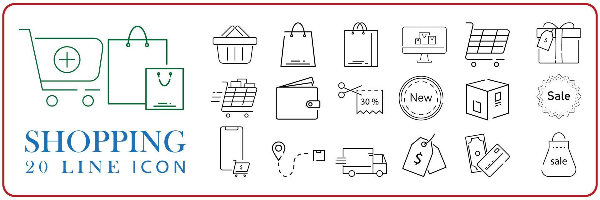 Set of shopping vector line icons. Store, online shopping and black friday discount.
