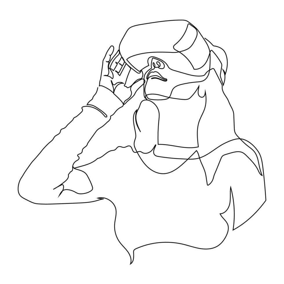 One line drawing of a girl feeling exited using Virtual Reality glasses and VR. vector