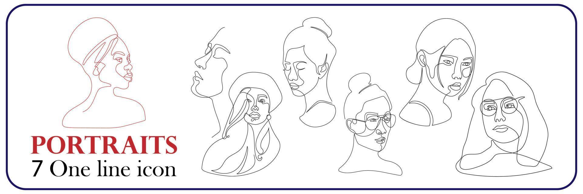 Women's or men faces in one line art style. Continuous line art in elegant style for prints, tattoos, posters, textile, cards etc. Beautiful women or men face Vector illustration set.