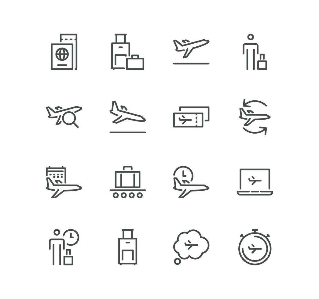 Set of airport related icons, departure, tickets, baggage claim and linear variety vectors. vector