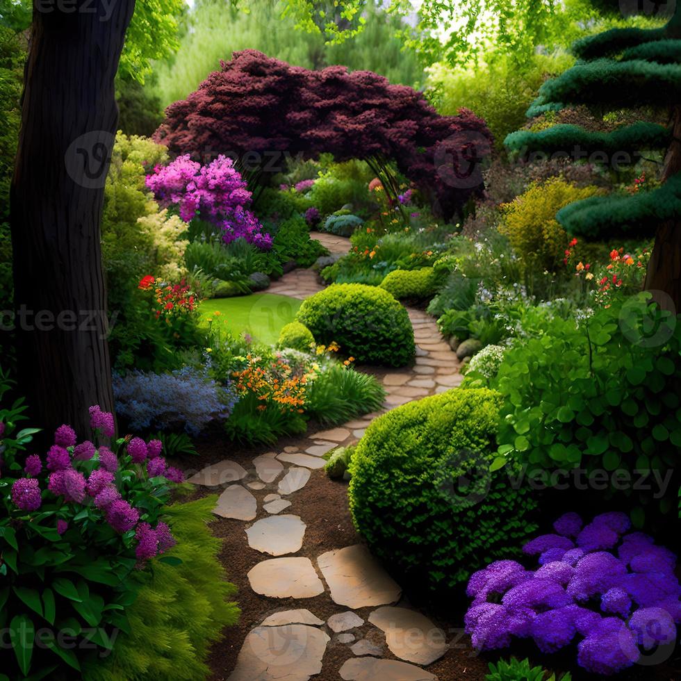 Wallpaper of a natural landscape, an outdoor garden of trees, flowers ...