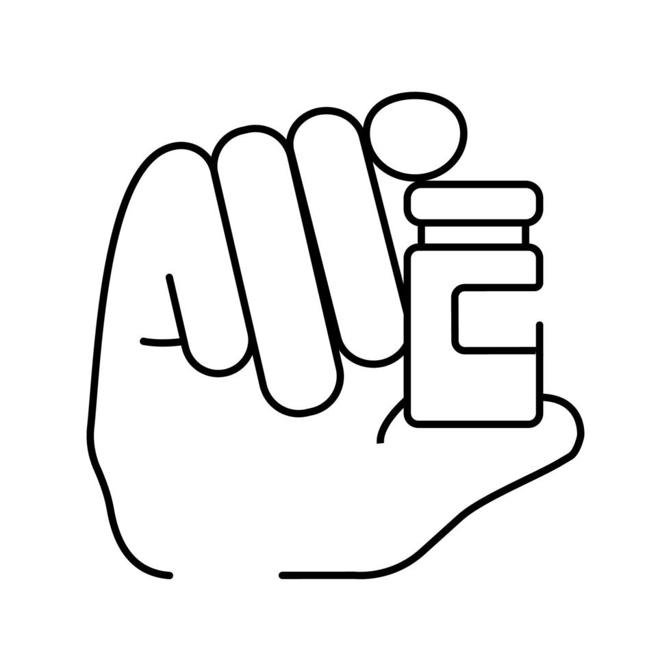 Virus protection human hand is holding vaccine, bacterias can't attack him. Immune system, vaccination, antibiotics. Thin line icon. Modern vector illustration and vaccine.