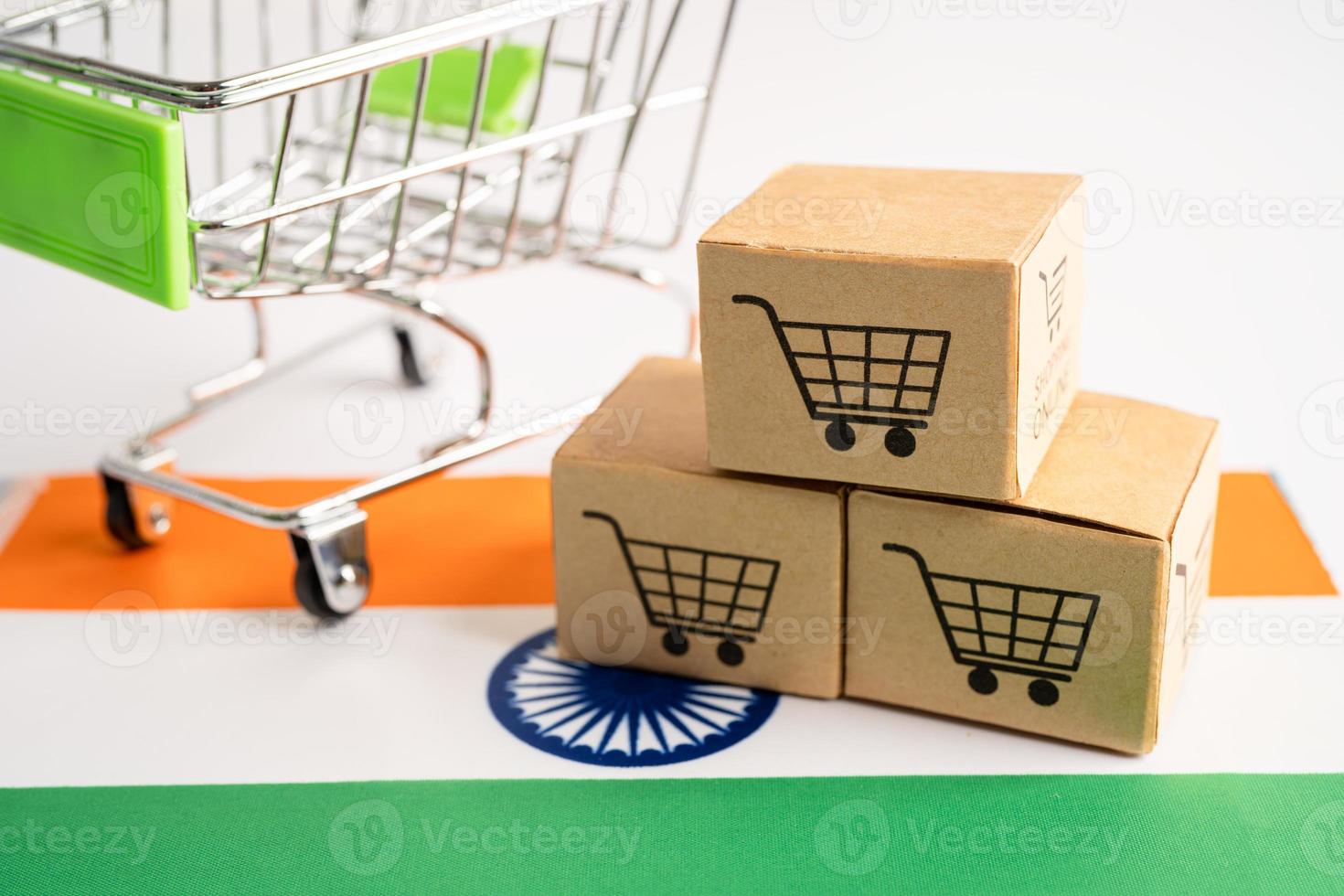 Box with shopping online cart logo and India flag, Import Export Shopping online or commerce finance delivery service store product shipping, trade, supplier concept. photo