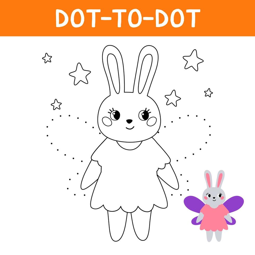Connect the dots and draw cute rabbit. Bunny in fairy halloween costumes. Educational game for kids. Vector cartoon illustration.