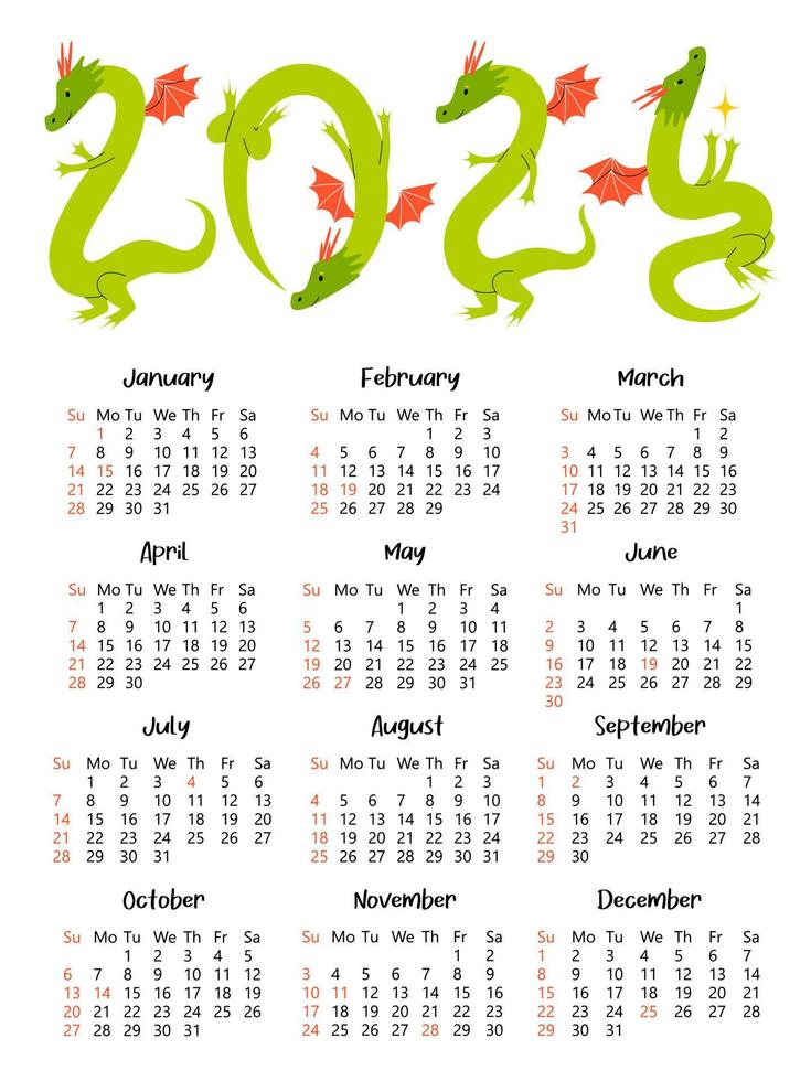 Calendar 2023 with cute dragon. Page with 12 months. Green wooden dragon character mascot symbol year. Week starts on Sunday. For size A4, A5, A3. Vector flat cartoon template.