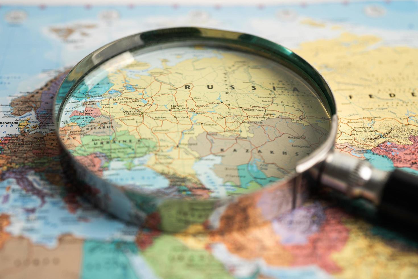 Bangkok, Thailand February 7, 2022, Russia flag on world map background. photo