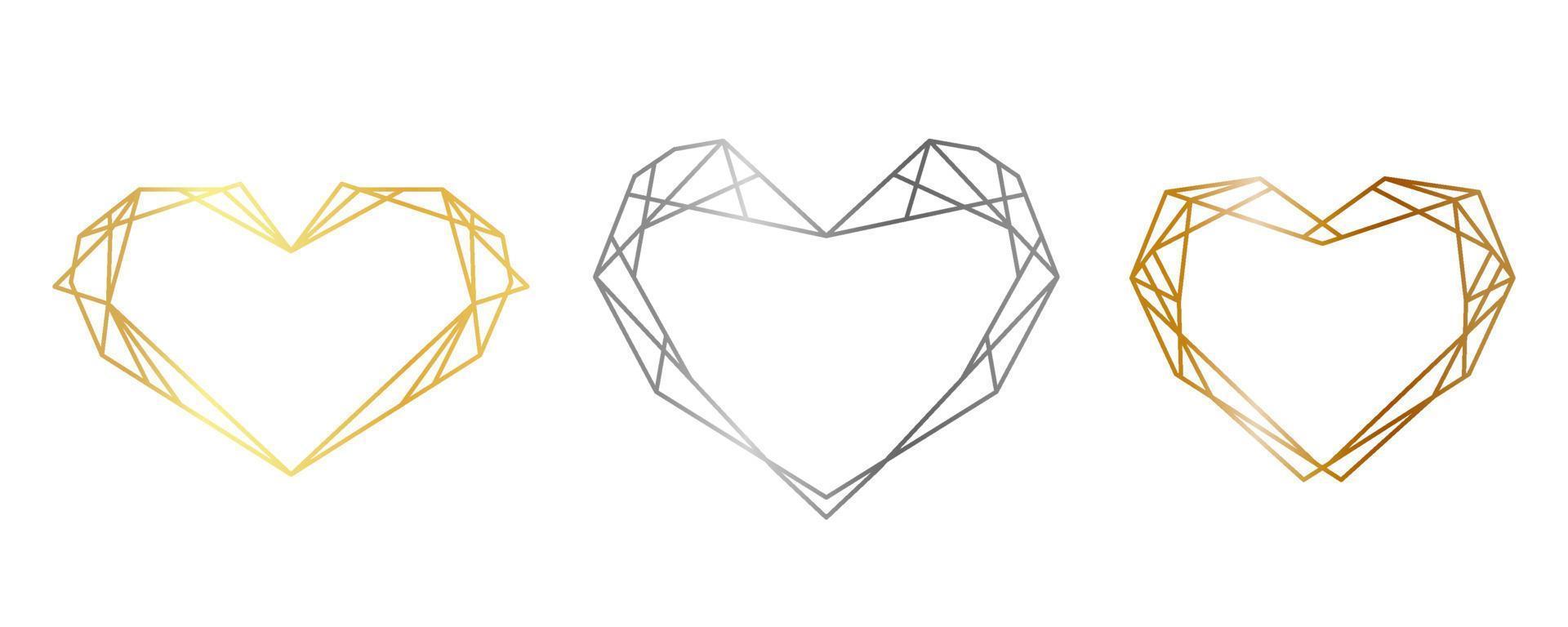 Gold, silver, bronze outlines of geometric hearts. Vector polygonal frames for decoration valentine's day, wedding invitations and greeting cards