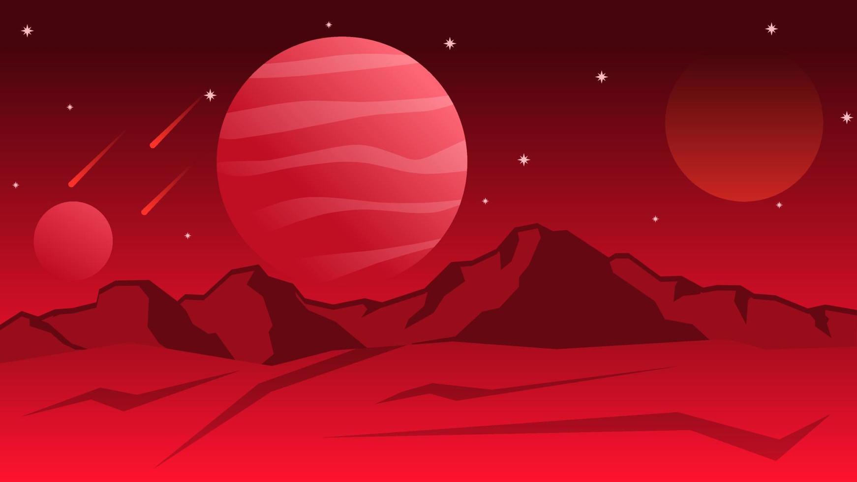 Science fiction landscape vector illustration. Red jupiter planet landscape space illustration. Crimson galaxy with star and comet. Science fiction of planet for background, wallpaper or illustration