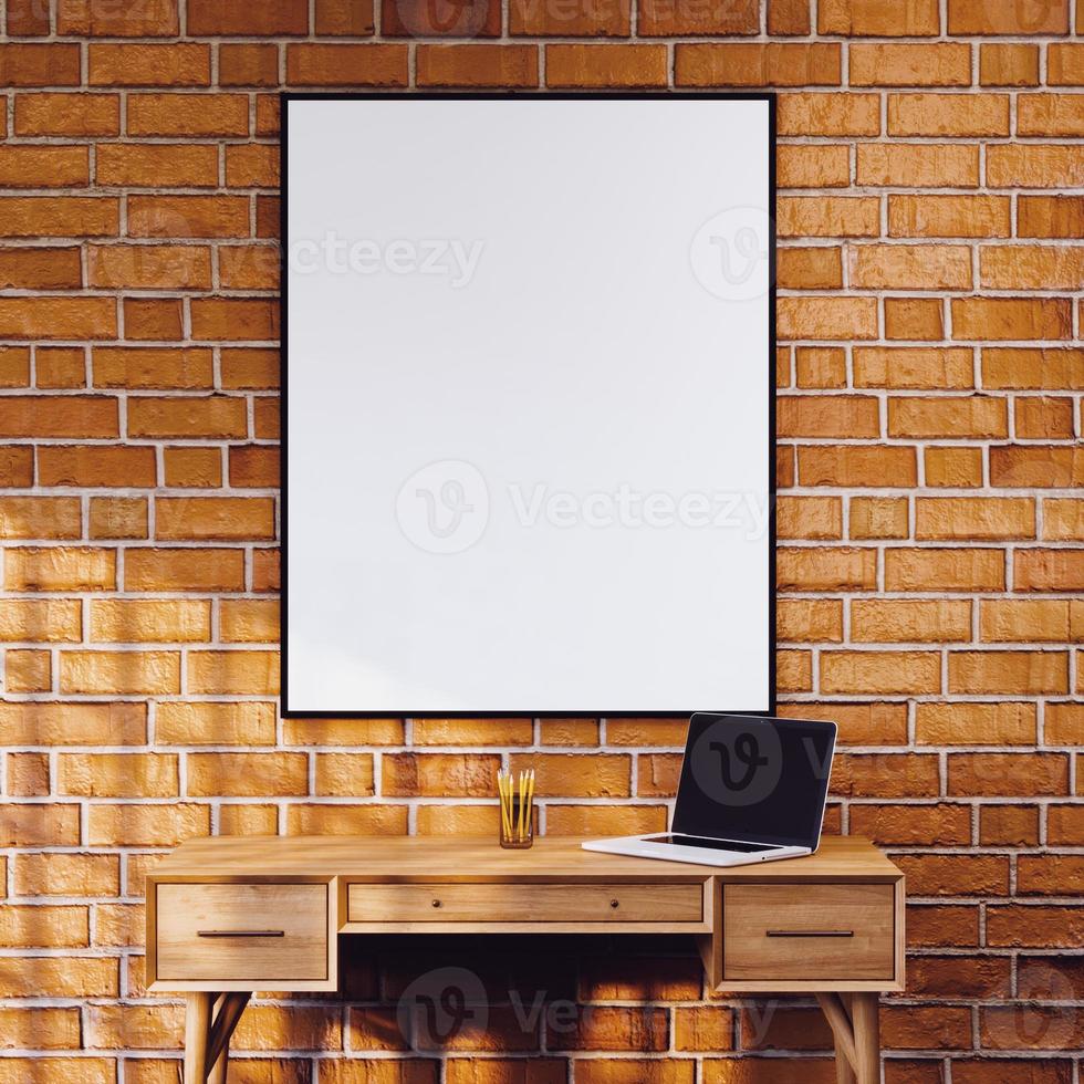 Workspace with mockup blank frame. 3D rendering photo