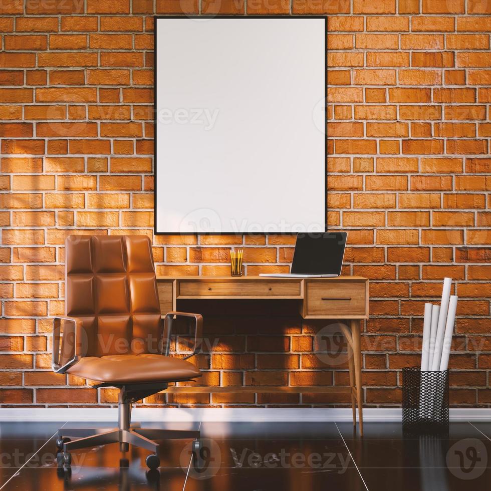 Workspace with mockup blank frame. 3D rendering photo