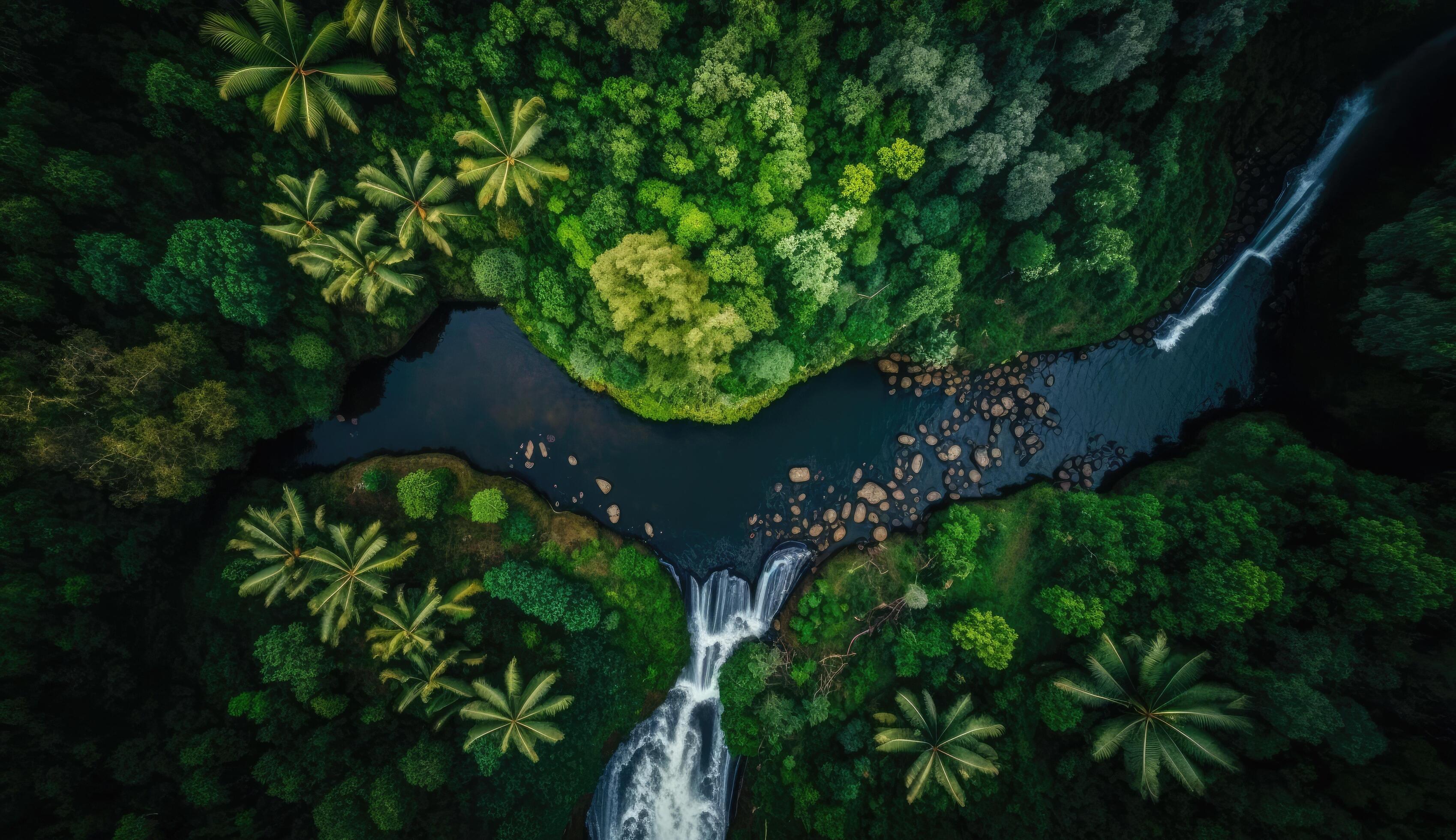 Aerial top view of healthy green mountain with waterfall and river