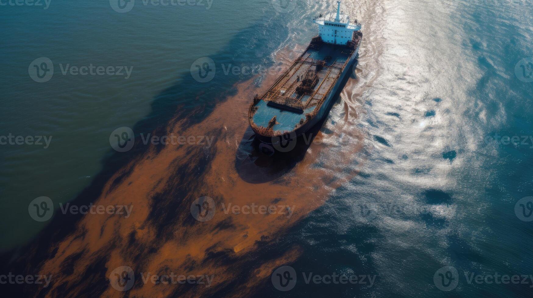 petróleo derramar o fuga fuera en el mar desde barco, agua Oceano contaminación problemas, peligroso caso estudiar fondo, peligroso productos quimicos desde accidente, envase carga marítimo Embarcacion con generativo ai. foto