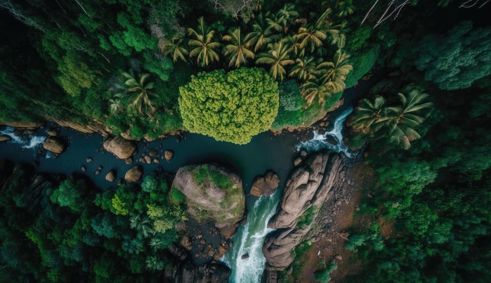 aéreo parte superior ver de sano verde montaña con cascada y río, superficie de montaña, verdor escena, Fresco aire y ambiente, abundancia de natural recursos generativo ai. foto